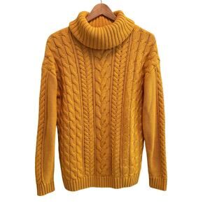 Gap Golden Yellow Cable Knit Turtleneck Sweater Size L Chunky Cozy Fall Academia